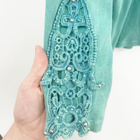 How Cute Womens VTG Vintage Y2K Rhinestone‎ Crochet Rib Long Sleeve Henley Top L - Picture 5 of 6